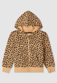 Bluza z kapturem w panterkę w kolorze piaskowym z czarnymi plamami. Z przodu zamek błyskawiczny, dwie kieszenie, ściągacze na mankietach i na dole, miękki materiał. Posiada podszewkę kaptura.