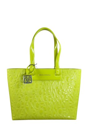 Borsa a mano luccicante verde lime Armani Exchange con motivo in rilievo del nome del marchio e doppi manici, con un ciondolo logo metallico.