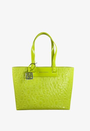 Borsa a mano luccicante verde lime Armani Exchange con motivo in rilievo del nome del marchio e doppi manici, con un ciondolo logo metallico.