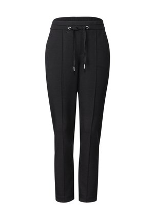 Black sweatpants with a drawstring waist, tapered legs, and flat front seams. Made from a soft, stretchy material. No pockets visible.