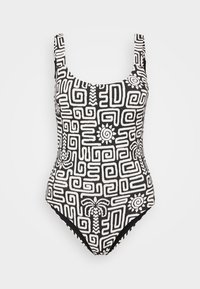 Maillot de bain une pièce noir et blanc avec un motif géométrique comprenant des spirales et des motifs de palmiers. Bretelles larges et décolleté en forme de scoop.