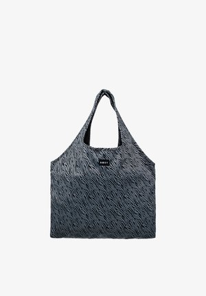 Sac fourre-tout réutilisable rayé zébré gris et noir avec des poignées larges et une petite étiquette noire portant la mention « ROXY » à l'avant.