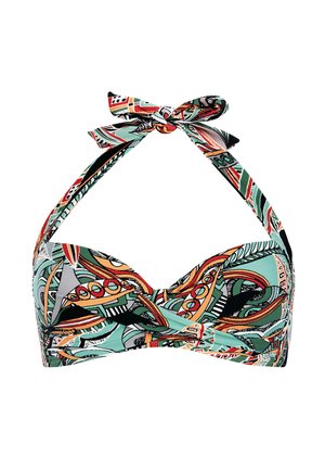 Góra od bikini z wiązaniem na szyi, z kolorowym abstrakcyjnym wzorem w odcieniach zieleni, pomarańczy, czerni i bieli.