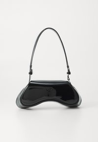 Glossy black leather handbag with a curved bottom edge and an adjustable shoulder strap against a plain white background.