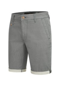 Shorts gris à motifs en tissu tissé avec revers roulés, dotés d'une fermeture à boutons, de poches avant et d'un détail de bordure contrastante.
