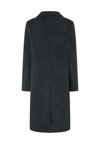 Wollen mantelmix in donkergrijs, lange knielange silhouet, reverskraag, rechte snit en zonder zichtbare sluitingen.