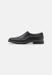 Zapato negro de piel sin cordones con un acabado suave, punta redondeada, detalles de costura sutiles y un tacón bajo apilado.