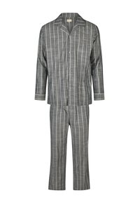 Grijs gestreepte pyjama set gemaakt van zachte stof, met een knoopsluiting shirt met een opstaande kraag en recht gesneden broek met een elastische tailleband.