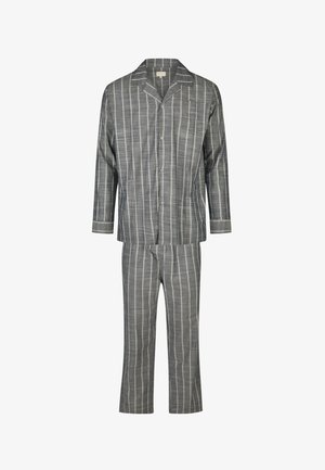 Grau gestreiftes Schlafanzug-Set aus weichem Stoff, bestehend aus einem Knopfhemd mit Reverskragen und geraden Hosen mit elastischem Bund.