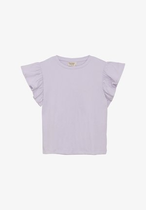 Chemise en coton violet clair pour tout-petit avec manches courtes à volants et col rond, taille 5 ans, vue de face sur fond blanc.