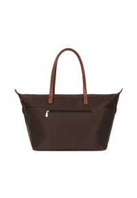 Borsa tote in nylon marrone con due manici in pelle marrone, dotata di una tasca frontale con zip e una base ampia e strutturata.