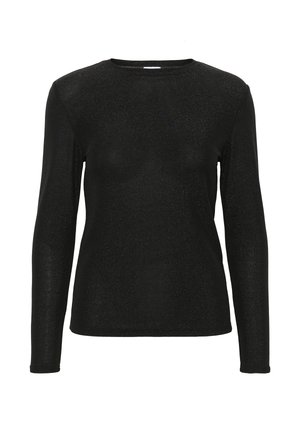 Črna dolgosleeve majica s krojnim ovratnikom, rahlo sijoča in oprijete silhuete, na beli podlagi.