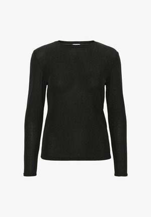 Črna dolgosleeve majica s krojnim ovratnikom, rahlo sijoča in oprijete silhuete, na beli podlagi.