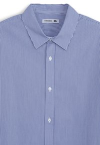 Camicia a righe blu e bianche con colletto classico, caratterizzata da una texture morbida e bottoni in plastica. Taglia XL, marchio Terranova.