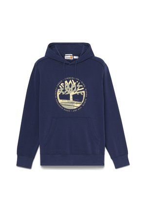 Navyblauer Kapuzenpullover mit Fronttasche und beigem Timberland-Baum-Logo, umgeben von kreisförmigem Text auf der Brust.