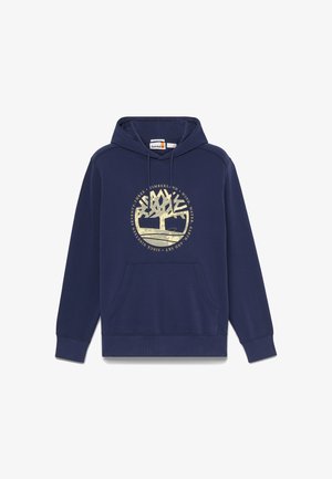 Navyblauer Kapuzenpullover mit Fronttasche und beigem Timberland-Baum-Logo, umgeben von kreisförmigem Text auf der Brust.