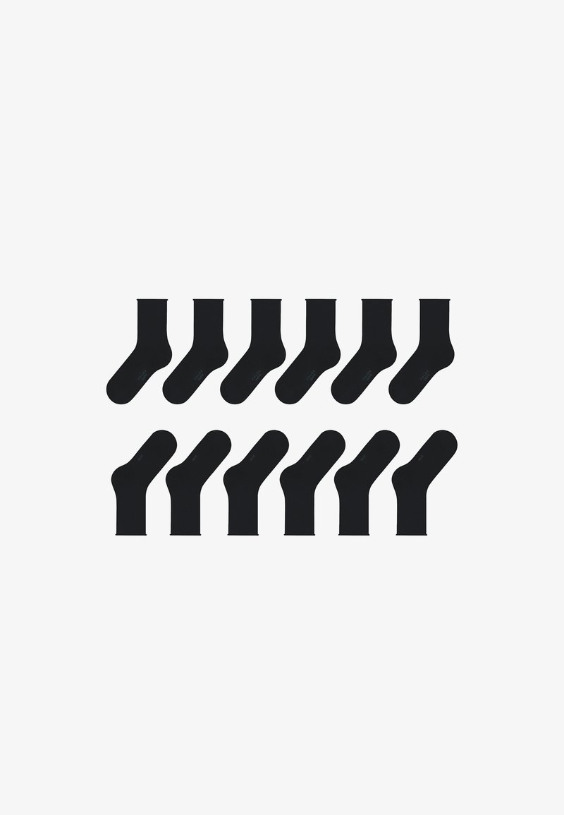 Black cotton socks, featuring a standard length and smooth texture, arranged in a grid pattern with varying orientations.