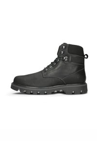 Bocanci negri din piele, cu un design înalt, talp�ă robustă, ochiuri din metal și guler căptușit pentru un confort și o durabilitate sporite.