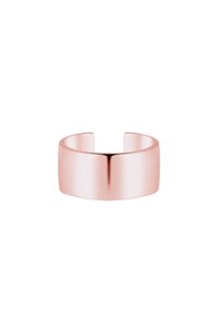 Bracciale largo in oro rosa lucido con una superficie liscia e estremità aperte, che mette in risalto un design minimalista e una forma moderna e affusolata.