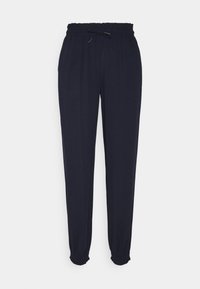 Navy blue, lightweight pants with a drawstring waist, elasticized cuffs, and side pockets; smooth texture, straight leg design.