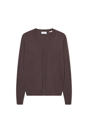 Bruine cardigan met een V-hals, lange mouwen en een knoopsluiting. Gemaakt van zachte stof met ribgebreide mouwen en onderrand.