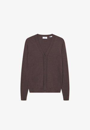 Brown cardigan with a V-neck, long sleeves, and a button front. Made from soft material with ribbed cuffs and hem.