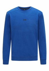 Blå sweatshirt i mjukt material, med rundad halsringning, långa ärmar och en liten svart logotyp vid bröstet. Enkel design och enhetlig färg.