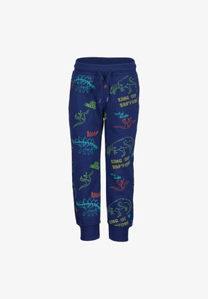 Blauwe joggingsbroek van zacht materiaal met kleurrijke dinosaurusgraphics en tekst. Voorzien van een elastische tailleband met trekkoord.