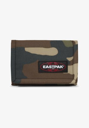 Camouflage wallet made of durable fabric, featuring shades of brown, green, and beige; includes a black Eastpak logo patch.