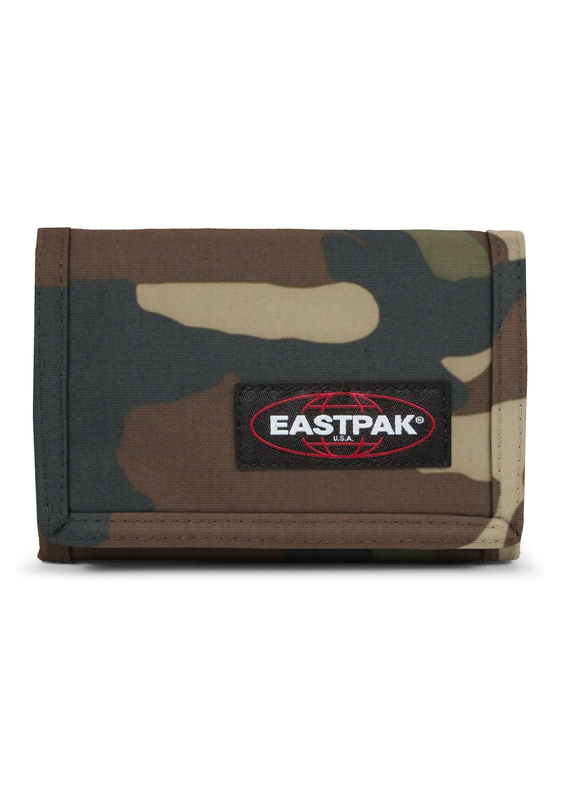 Camouflage wallet made of durable fabric, featuring shades of brown, green, and beige; includes a black Eastpak logo patch.