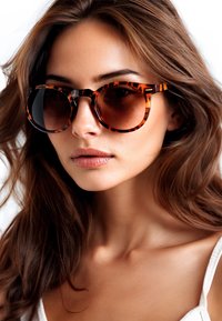 Occhiali da sole tondi in tartaruga con lenti scure a gradiente, caratterizzati da una finitura lucida e sottili dettagli neri sulle aste.