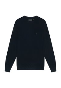 Mörkblå crewneck-tröja tillverkad av mjukt stickat material. Har en liten, ton-i-ton logotyp på bröstet samt ribbade muddar och nederkant.