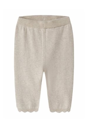 Pantalon bébé en tricot beige avec ourlets festonnés et taille élastique côtelée sur fond blanc.