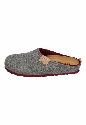 Gray felt slipper with a burgundy sole and trim. Features a leather accent tag and an open back design for easy slip-on use.