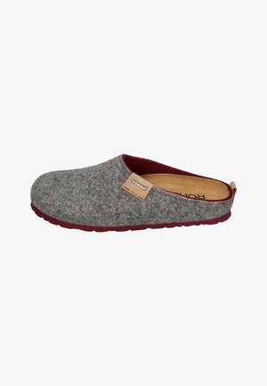 Gray felt slipper with a burgundy sole and trim. Features a leather accent tag and an open back design for easy slip-on use.