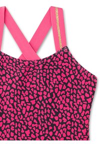 Rosa Leoprint-Top mit gekreuzten Trägern und einem goldenen Akzent an den Trägern, aus einem strukturierten Stoff für zusätzlichen Reiz.