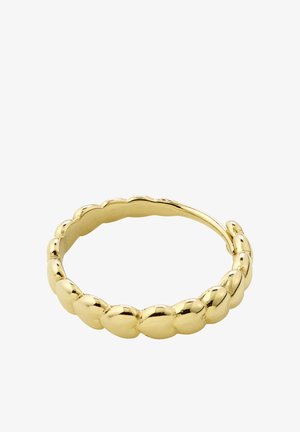 Gold hoop earring with a rounded, beaded design and a small latch closure on a white background.