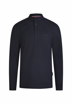 Marineblauwe polo met lange mouwen, een staande kraag, een drieknoopsluiting en subtiele branding. Gemaakt van gestructureerd katoen.