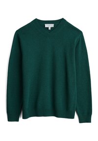 Pull col en V vert émeraude en tissu doux, avec des manches longues et des ourlets et poignets côtelés pour la texture et l'ajustement.