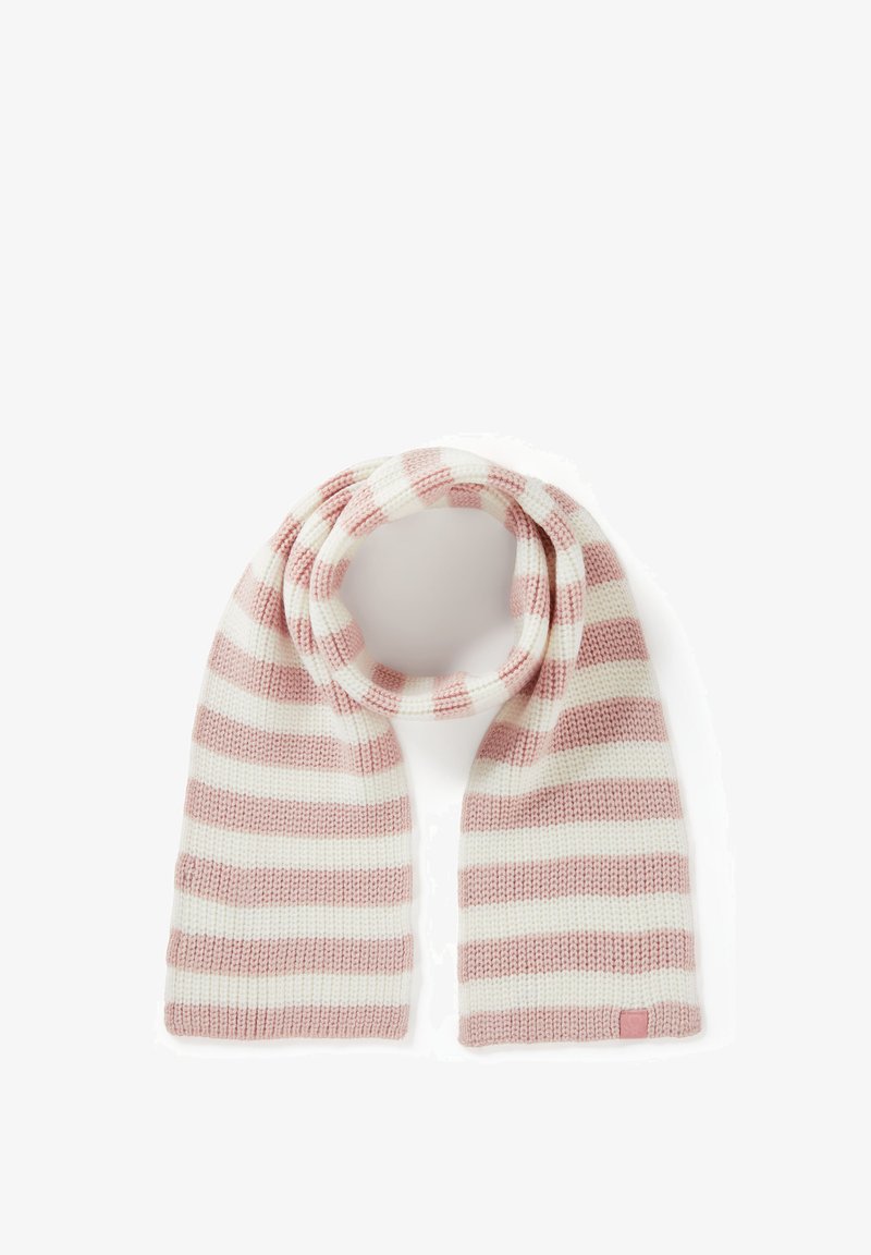 Strickschal mit wechselnden rosa und weißen Streifen, weicher Textur und einem kleinen Akzentetikett an einem Ende.