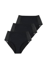 Trois paires de culottes noires taille haute avec bordure en dentelle décorative sur les côtés, fabriquées en tissu coton doux.