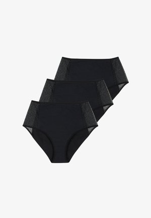 Trois paires de culottes noires taille haute avec bordure en dentelle décorative sur les côtés, fabriquées en tissu coton doux.