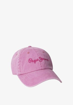 Rosa Baumwoll-Baseballkappe mit gebogenem Schirm, vorne mit gesticktem "Pepe Jeans"-Schriftzug und einer strukturierten Stoffoberfläche.