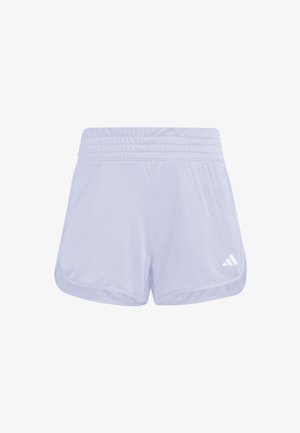 Shorts de sport lilas clair avec une texture douce, une taille élastique et un logo Adidas blanc en bas à droite.