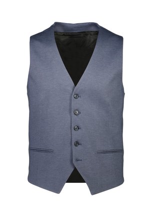 Chaleco de tweed azul marino con escote en V, cinco botones y dos bolsillos frontales. Forro interior suave y patrón texturizado sutil.