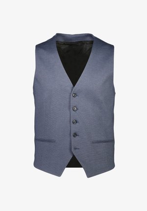 Chaleco de tweed azul marino con escote en V, cinco botones y dos bolsillos frontales. Forro interior suave y patrón texturizado sutil.