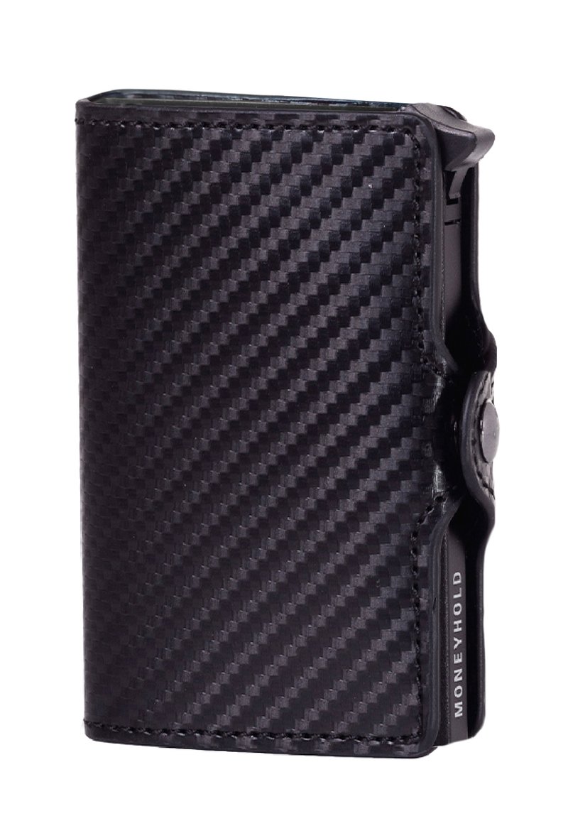 Black carbon fiber wallet with a textured surface, features a snap closure and a small logo on the side, compact and rectangular design.
