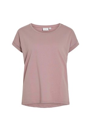 Tricou scurt cu mânecă scurtă, de culoare roz deschis, fabricat din bumbac moale. Dispune de un decolteu rotund și mâneci răsucite, cu o linie de bază dreaptă.