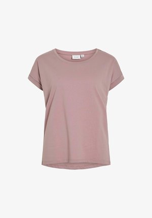 Világos rózsaszín, rövid ujjú póló, puha pamutból készült. Kerek nyakkivágással és felgombolt ujjakkal rendelkezik, egyenes szegéllyel.