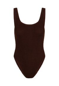 Brun ribbade baddräkt i ett stycke med rundad halsringning och breda axelband samt en högskuren bendesign.